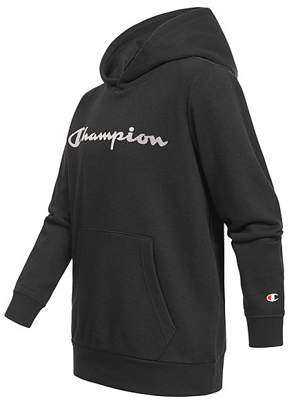 Champion Kids Hoodie mit Kapuze Kängurutasche Logo Print schwarz weiss