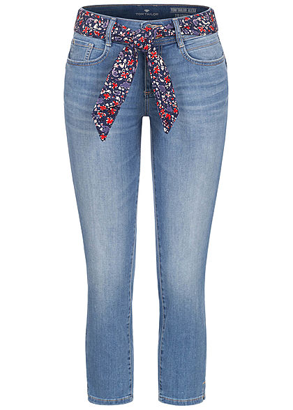 Tom Tailor Damen 7/8 Slim Fit Jeans Hose mit buntem Gürtel 5-Pockets used stone hellblau