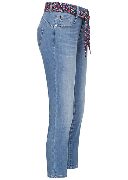 Tom Tailor Damen 7/8 Slim Fit Jeans Hose mit buntem Gürtel 5-Pockets used stone hellblau
