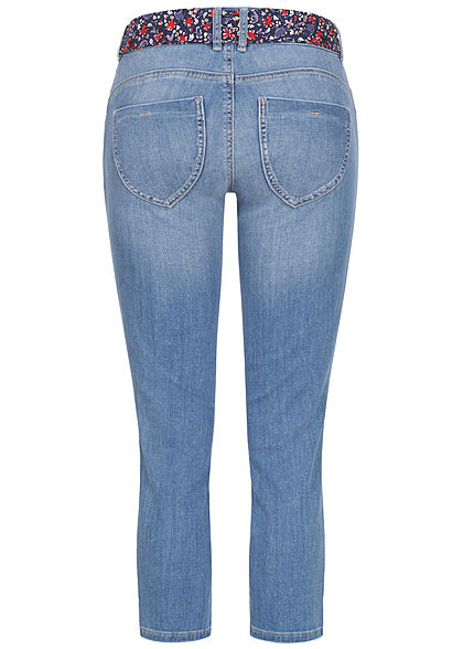 Tom Tailor Damen 7/8 Slim Fit Jeans Hose mit buntem Gürtel 5-Pockets used stone hellblau