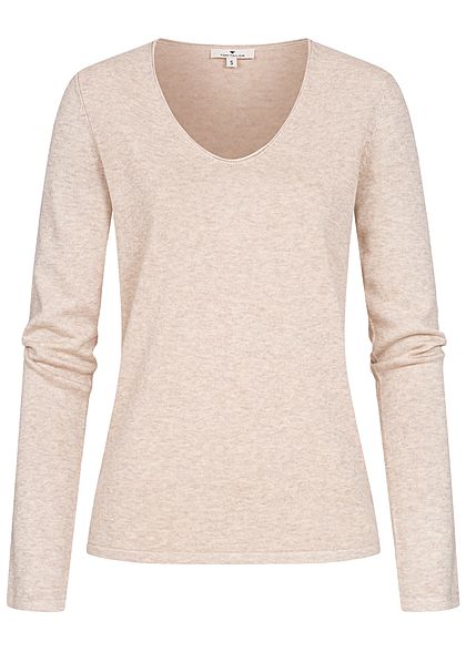 Tom Tailor Dames Basic V-Neck Longsleeve desert sand beige melange