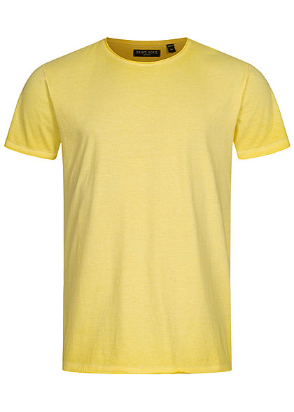 Brave Soul Herren T-Shirt mit Rollsaumkante cool wash hell gelb