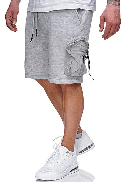 Brave Soul Herren Sweat Shorts 3-Pockets und Zipper Tasche marl hell grau
