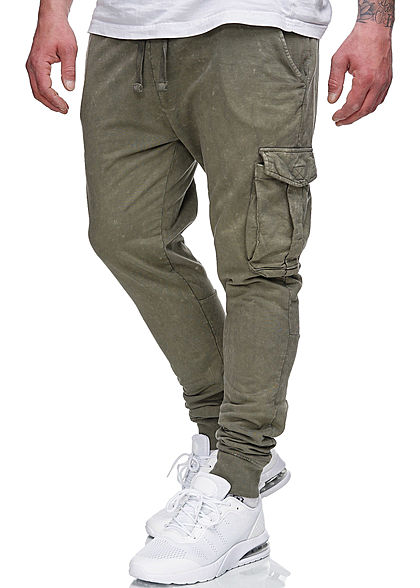Brave Soul Herren Cargo Sweat Pants Stoffhose 5-Pockets acid wash khaki grün
