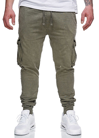 Brave Soul Herren Cargo Sweat Pants Stoffhose 5-Pockets acid wash khaki grün