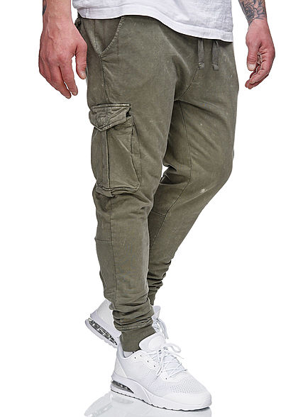 Brave Soul Herren Cargo Sweat Pants Stoffhose 5-Pockets acid wash khaki grün