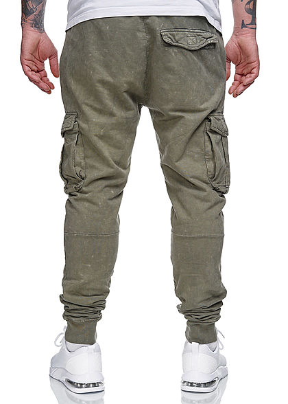 Brave Soul Herren Cargo Sweat Pants Stoffhose 5-Pockets acid wash khaki grün