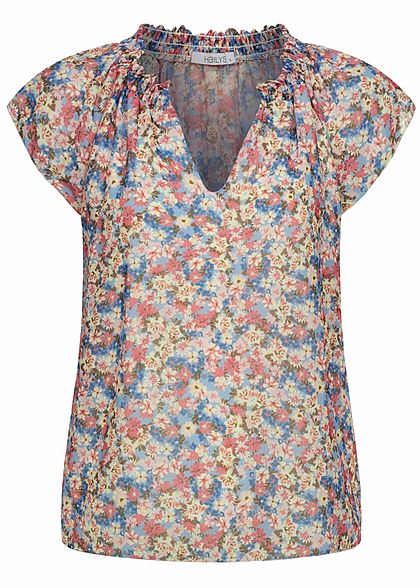 Hailys Dames V-Neck Blouse Shirt Bloemen Print blauw roze wit