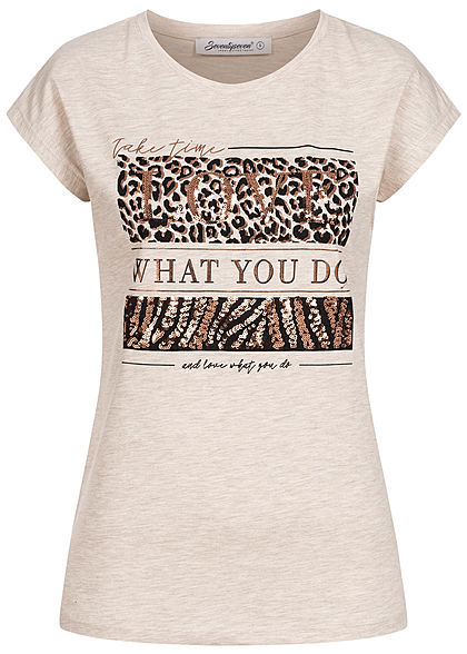 Seventyseven Lifestyle Damen T-Shirt mit Paillettenfront Animal Love Print oatmeal grau