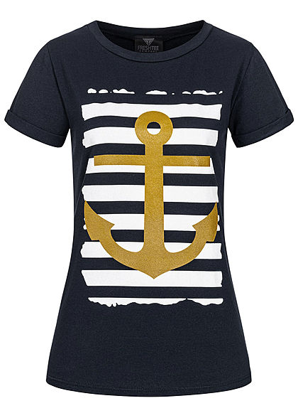 Fresh Tee Dames T-Shirt navy blauw wit goud - Art.-Nr.: 21035539