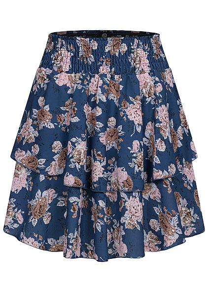 Styleboom Fashion Damen Mini Stufenrock Blumen Muster breiter Bund navy blau rosa - Art.-Nr.: 21036541