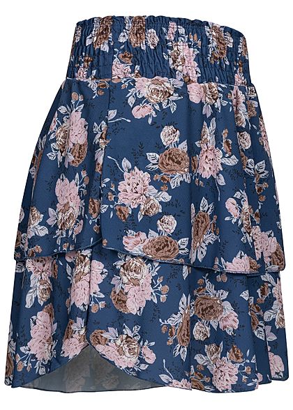 Styleboom Fashion Damen Mini Stufenrock Blumen Muster breiter Bund navy blau rosa