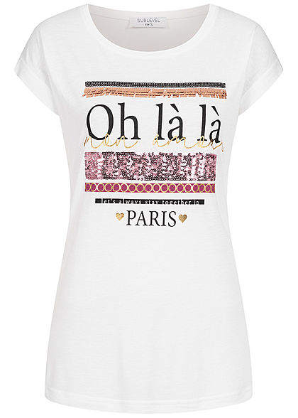 Sublevel Damen T-Shirt Oh là là Pailletten Print weiss rosa gold