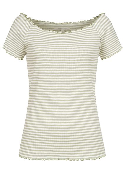Tom Tailor Dames Ribbed Carmen T-Shirt Strepen Patroon groen wit