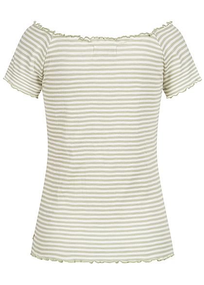 Tom Tailor Dames Ribbed Carmen T-Shirt Strepen Patroon groen wit
