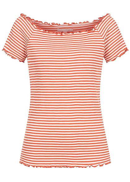 Tom Tailor Dames Ribbed Carmen T-Shirt Strepen Patroon coral oranje