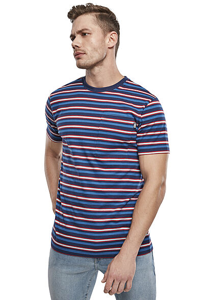Urban Classics Herren T-Shirt Streifen Muster Brusttasche dunkel blau city rot weiss
