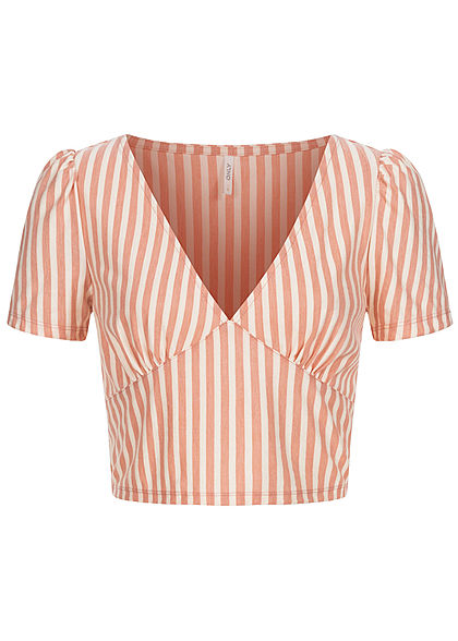 ONLY Dames V-Neck Crop T-Shirt Strepen Print peach melba