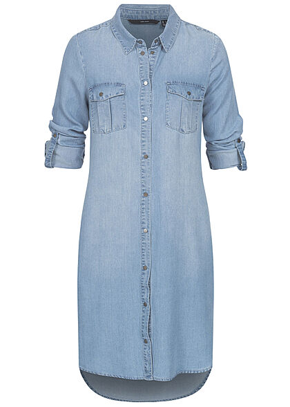 Vero Moda Dames NOOS Blouse Jurk met omgeslagen mouwen en knopen licht denimblauw