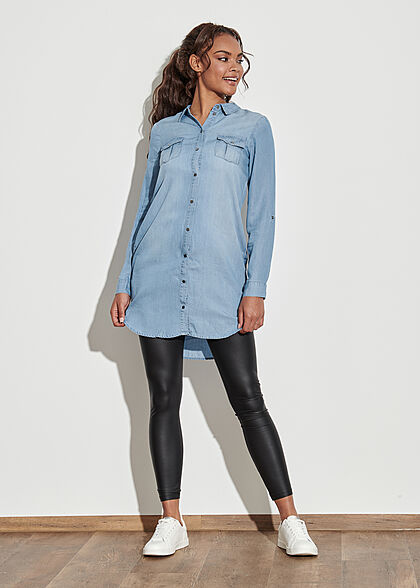 Vero Moda Dames NOOS Blouse Jurk met omgeslagen mouwen en knopen licht denimblauw