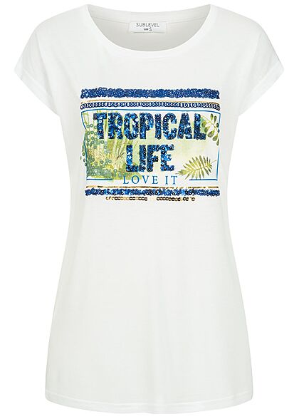 Sublevel Damen T-Shirt Tropical Life Pailletten Print weiss