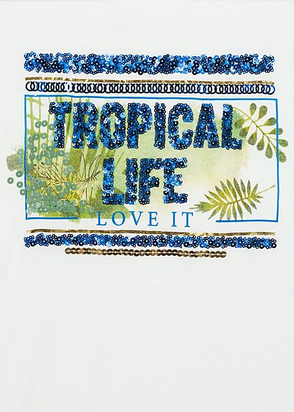 Sublevel Damen T-Shirt Tropical Life Pailletten Print weiss