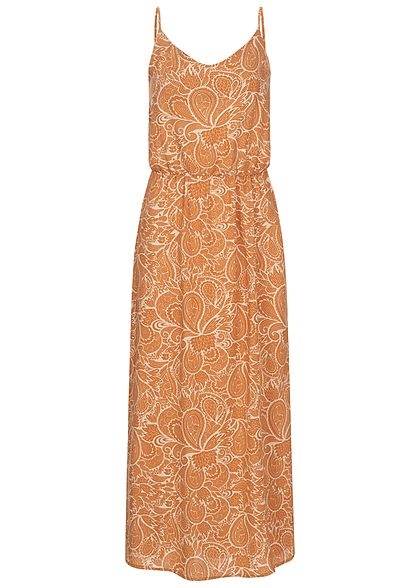 Sublevel Damen Maxi Kleid Taillengummibund Paisley Print toffe braun sahara sand beige