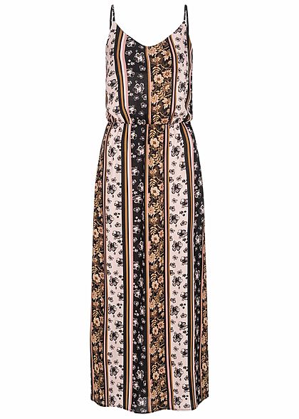Sublevel Damen Maxi Kleid Taillengummibund Streifen Blumen Muster schwarz rosa - Art.-Nr.: 21041804