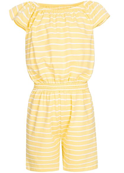 Name It Kids Mädchen kurzer Jumpsuit Gummibund Streifen Muster popcorn gelb weiss