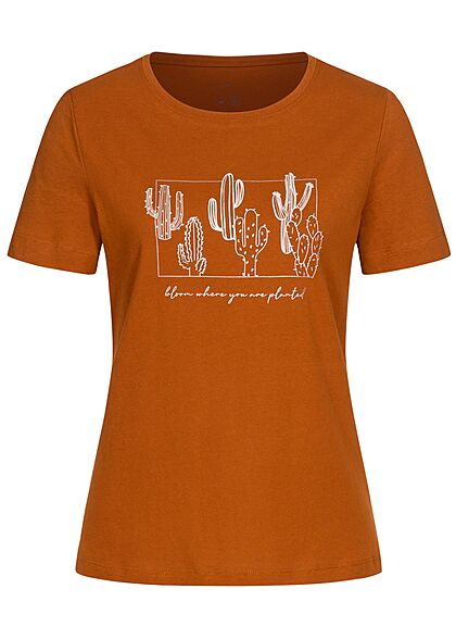 Tom Tailor Dames T-Shirt Cactus Print caramel bruin