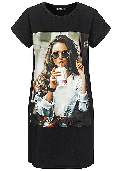 Styleboom Fashion Dames T-Shirt Jurk Vrouw Cup Print zwart