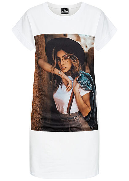 Styleboom Fashion Dames T-Shirt Jurk Woman Hat Print wit - Art.-Nr.: 21046605