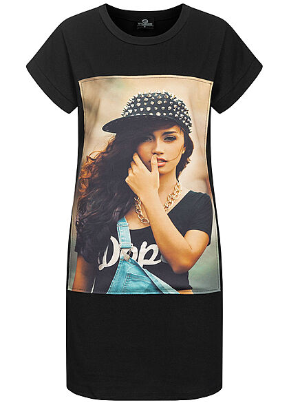 Styleboom Fashion Dames T-Shirt Jurk Woman Hat Print zwart