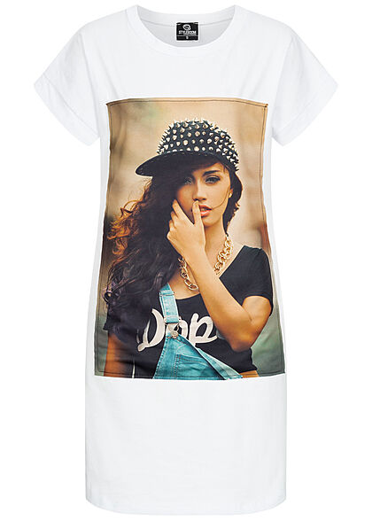 Styleboom Fashion Dames T-Shirt Jurk Woman Hat Print wit
