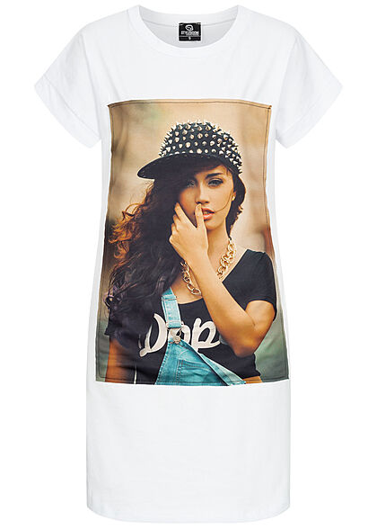 Styleboom Fashion Dames T-Shirt Jurk Woman Hat Print wit - Art.-Nr.: 21046609