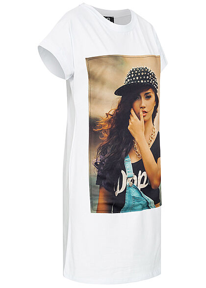 Styleboom Fashion Dames T-Shirt Jurk Woman Hat Print wit