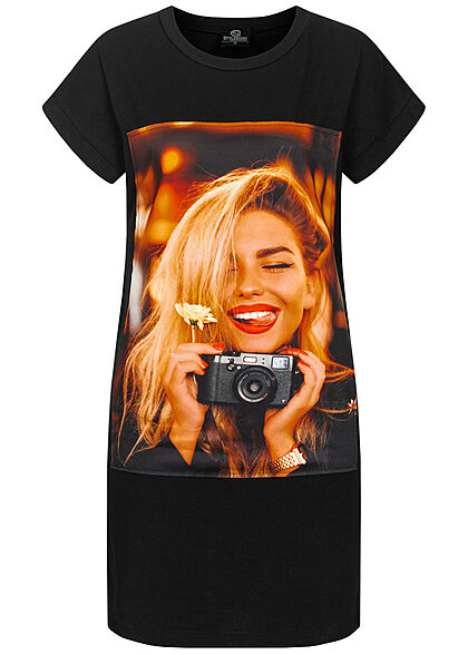 Styleboom Fashion Dames T-Shirt Jurk Woman Picture Print zwart