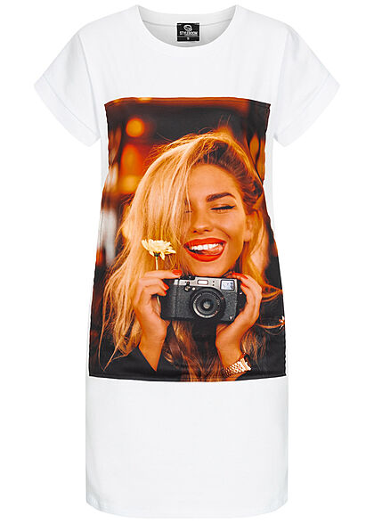 Styleboom Fashion Dames T-Shirt Jurk Woman Picture Print wit - Art.-Nr.: 21046611