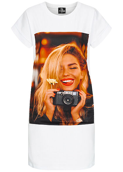 Styleboom Fashion Dames T-Shirt Jurk Woman Picture Print wit