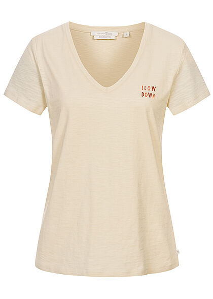 Tom Tailor Dames V-Neck T-Shirt Slow Down Print soft creme beige