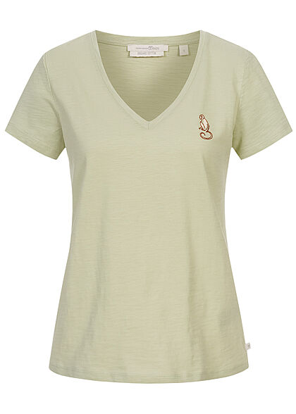 Tom Tailor Dames V-Neck T-Shirt Monkey Patch dusty licht groen