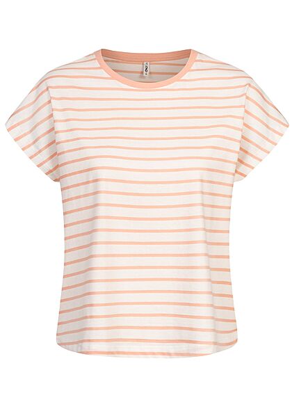 ONLY Damen Oversized T-Shirt Streifen Muster cloud dancer weiss peach melba