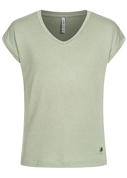 Hailys Kids Mädchen V-Neck Lurex Glitzer T-Shirt Streifen Muster soft grün - Art.-Nr.: 21052194