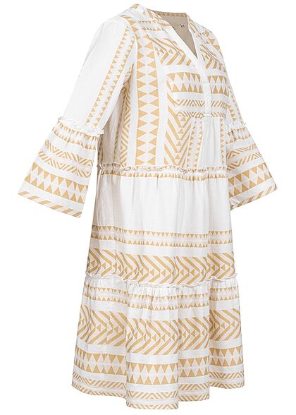 Tom Tailor Damen 7/8 Arm V-Neck Stufenkleid Boho-Kleid Jaquard Muster desert beige