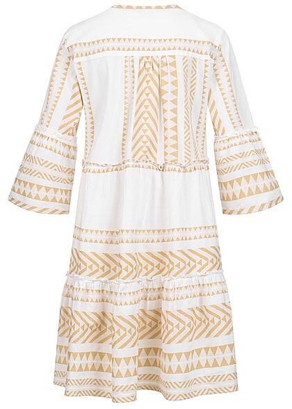 Tom Tailor Damen 7/8 Arm V-Neck Stufenkleid Boho-Kleid Jaquard Muster desert beige