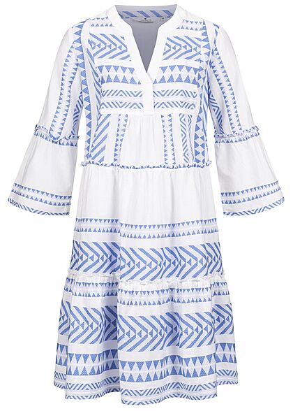 Tom Tailor Damen 7/8 Arm V-Neck Stufenkleid Boho-Kleid Jaquard Muster blau weiss