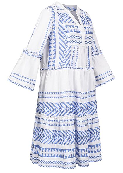 Tom Tailor Damen 7/8 Arm V-Neck Stufenkleid Boho-Kleid Jaquard Muster blau weiss