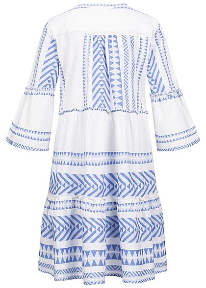Tom Tailor Damen 7/8 Arm V-Neck Stufenkleid Boho-Kleid Jaquard Muster blau weiss