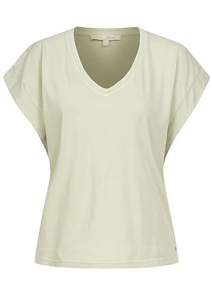 Tom Tailor Damen V-Neck T-Shirt Ärmelumschlag dusty hellgrün