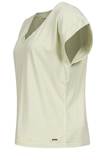 Tom Tailor Damen V-Neck T-Shirt Ärmelumschlag dusty hellgrün